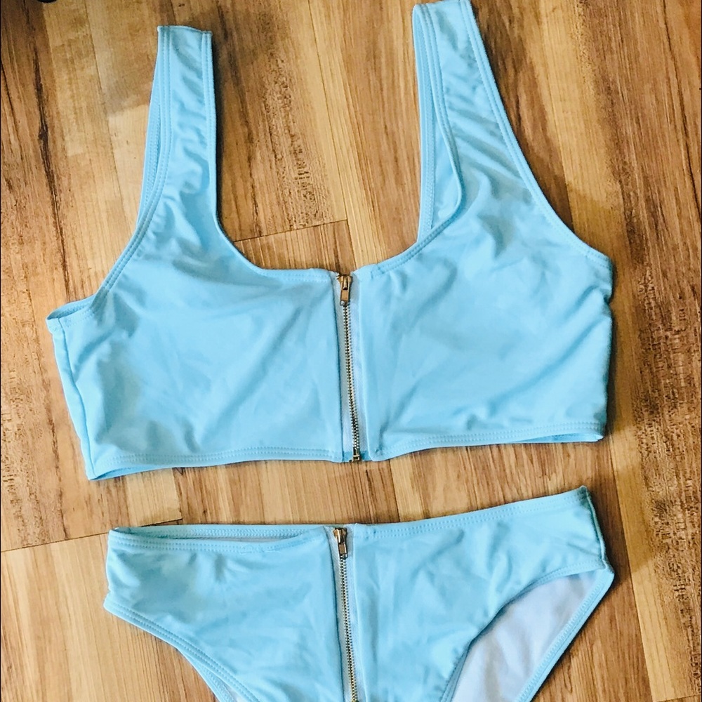 Baby blue & gold zipper bikini